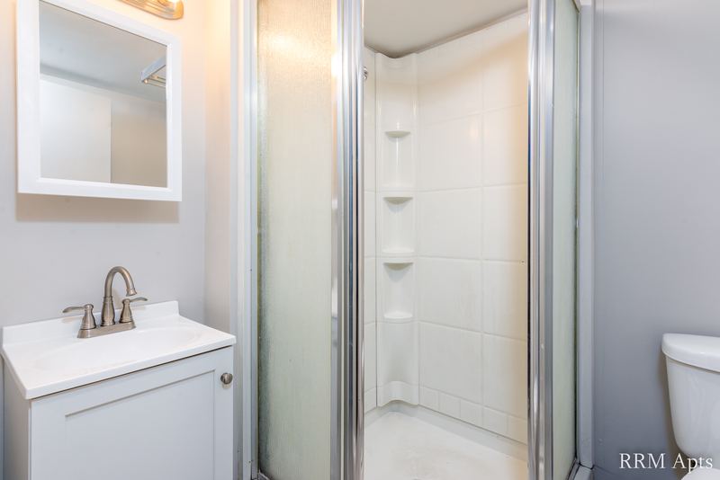 Bathroom with white vanity, medicine cabinet, shower stall with glass door and white toilet, South Slusser apartment 430