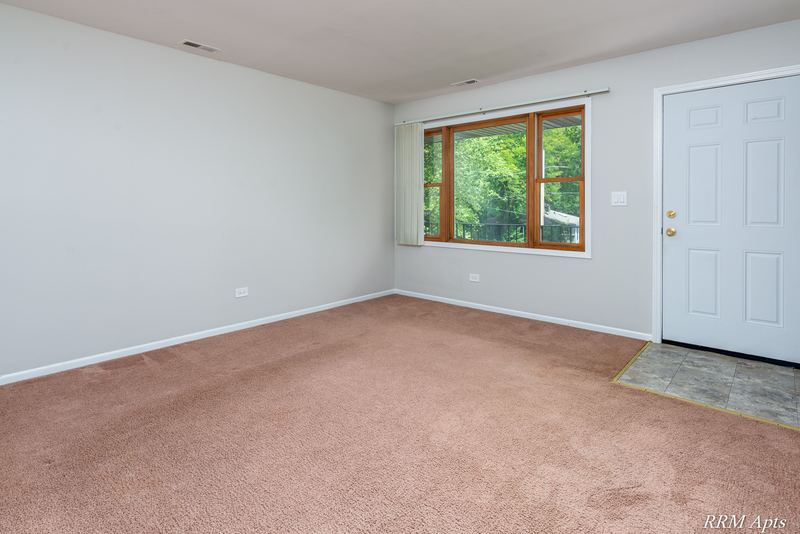 Living room with beige carpet, wood-trimmed window and white entry door with tile entry, South Slusser apartment 440-6