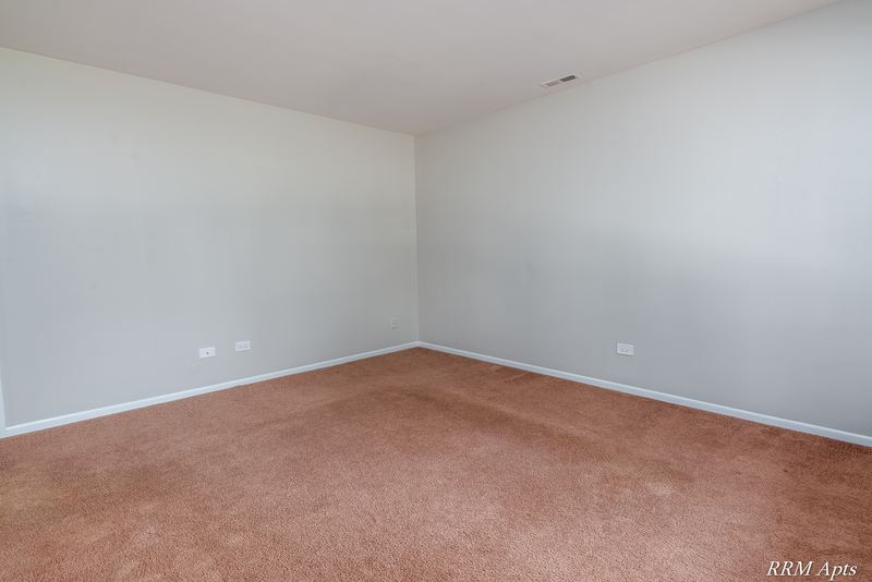 Empty room with beige carpet, gray walls and white baseboard trim, South Slusser apartment 440-6