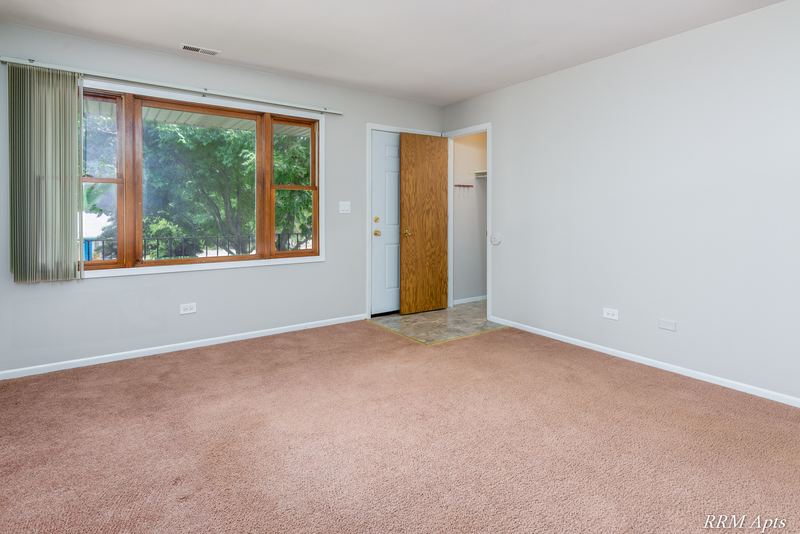 Living room with beige carpet, wide wood-trimmed window and doorway to the hall, South Slusser apartment 440-6